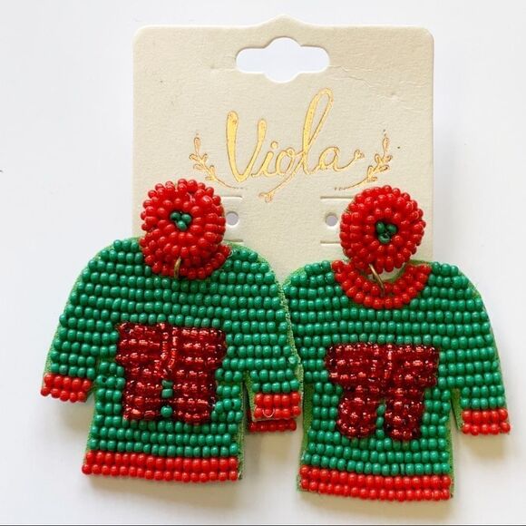 Green and Red Boho Seed Beaded Ugly Christmas Sweater Earrings - Picture 1 of 5